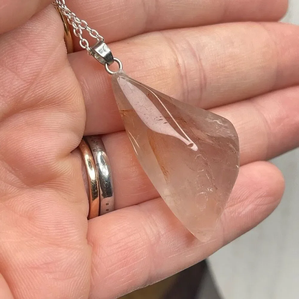 Fire quartz Freeform pink 2” pendant silver plated stainless steel silver plated